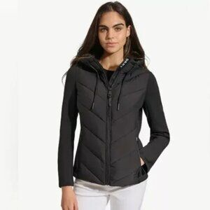 DKNY Women's Hooded Puffer Jacket Scuba Sleeves Black Size M